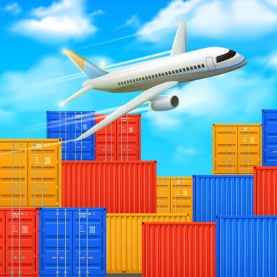 Express shipping poster with different colors cargo containers in open storage and airplane vector illustration